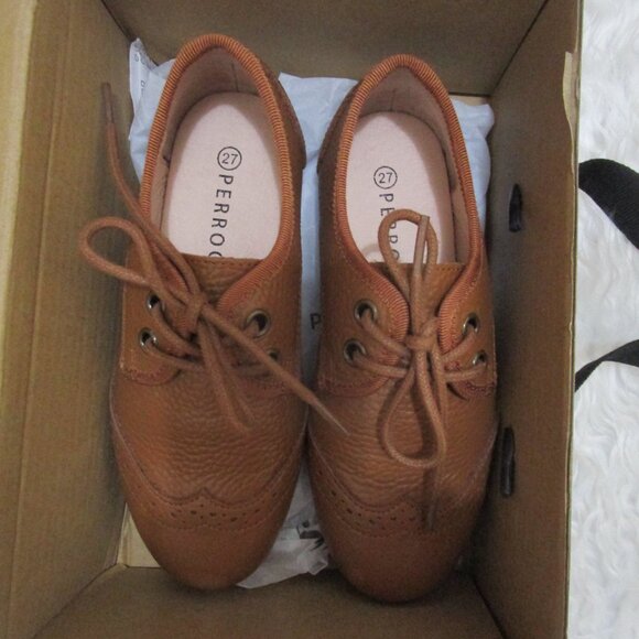 PERROQUET SHOES Boys Wingtip Oxford Leather laced shoes luggage New In Box Sz 27 - Picture 8 of 17